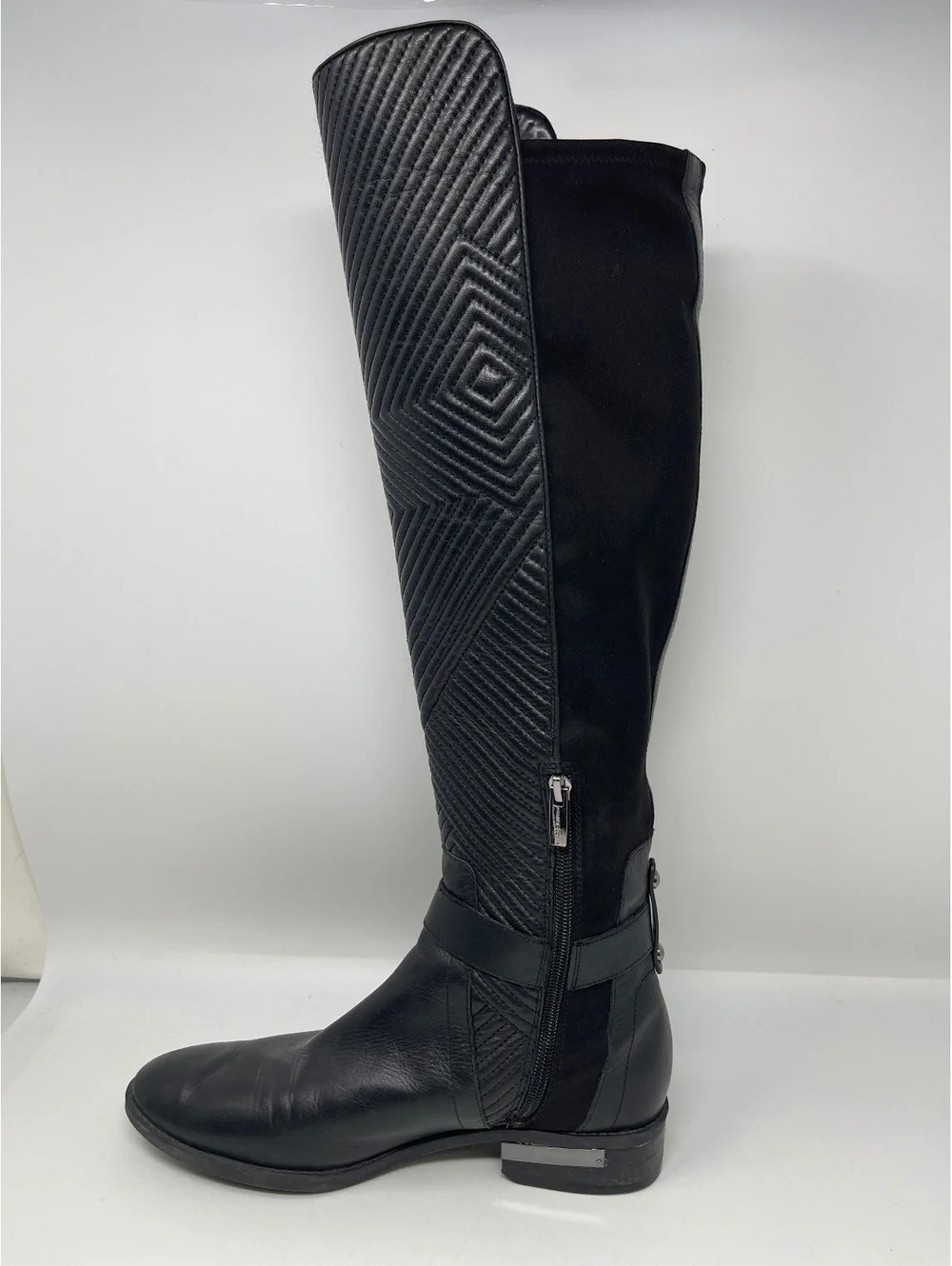 Black Leather Over The Knee Boots 9 Quilted Front Buckle Stretch Back Low Heel
